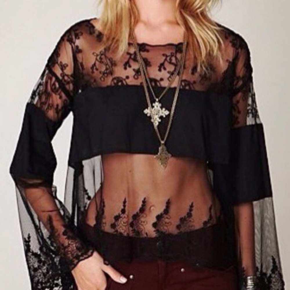Free People Bell Top Black Lace SMALL